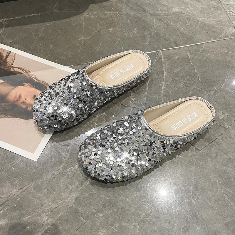Летняя новая модная обувь 2024 года, серебряные повседневные тапочки Baotou с блестками на плоской подошве