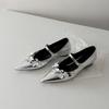 Sheepskin Version~ Pointed Silver Sequined Flower Mary Jane Women's Shoes One-word Buckle with Light Mouth French Inner Height Increase Single Shoes