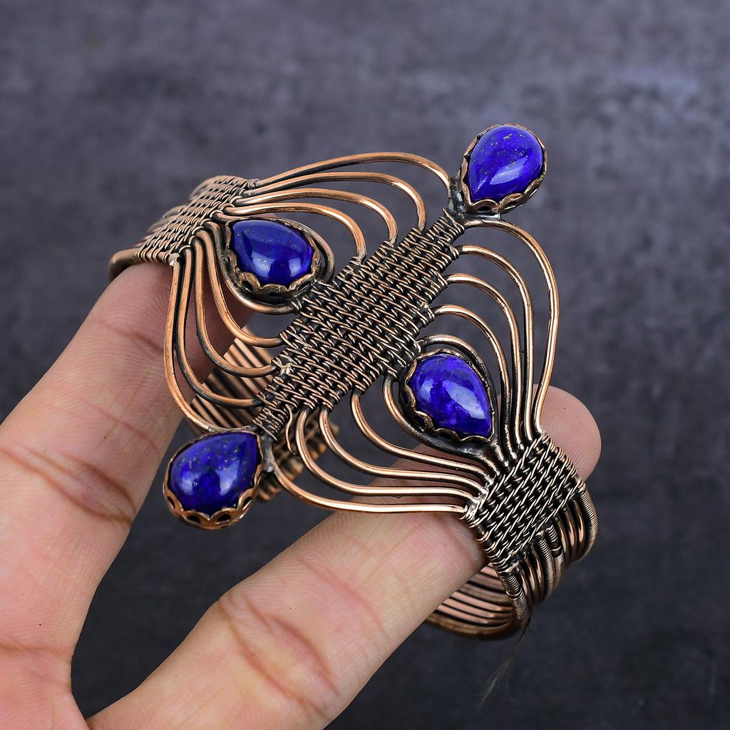 Lapis Lazuli Gemstone Handmade Copper Wire Wrap Cuff Bangle Adjustable H6n75