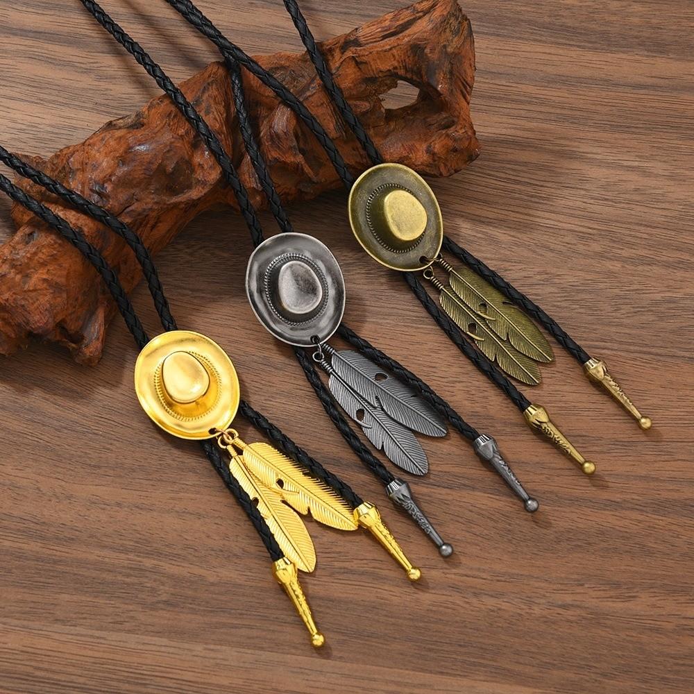 Unisex Western Cowboy Hat Necklace Leather Rope Metal Feather Necktie Long Pendant Chain Daily