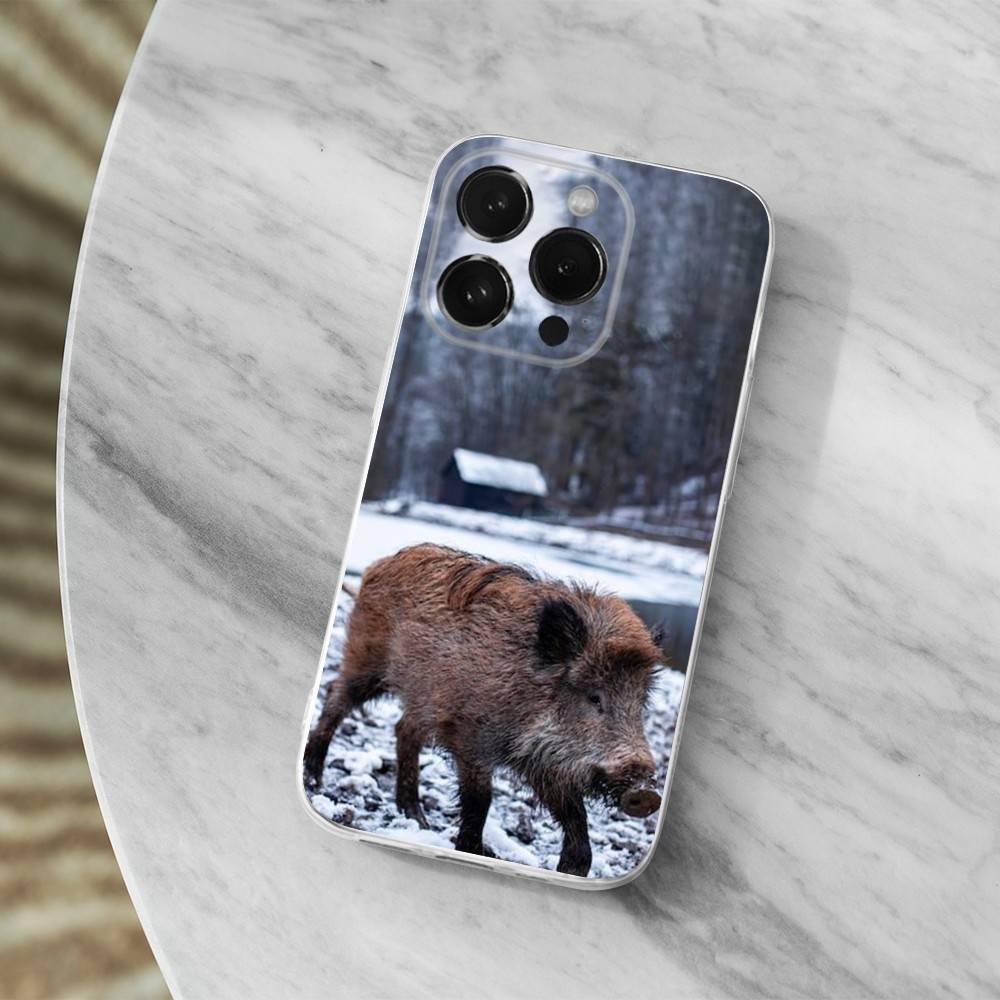 Cute Wild Boar Animal Phone Case For iPhone,14,13,12,15,Pro,Max,Plus,11,17,16,X,XS,XR,SE,Mini Transparent Soft Cover