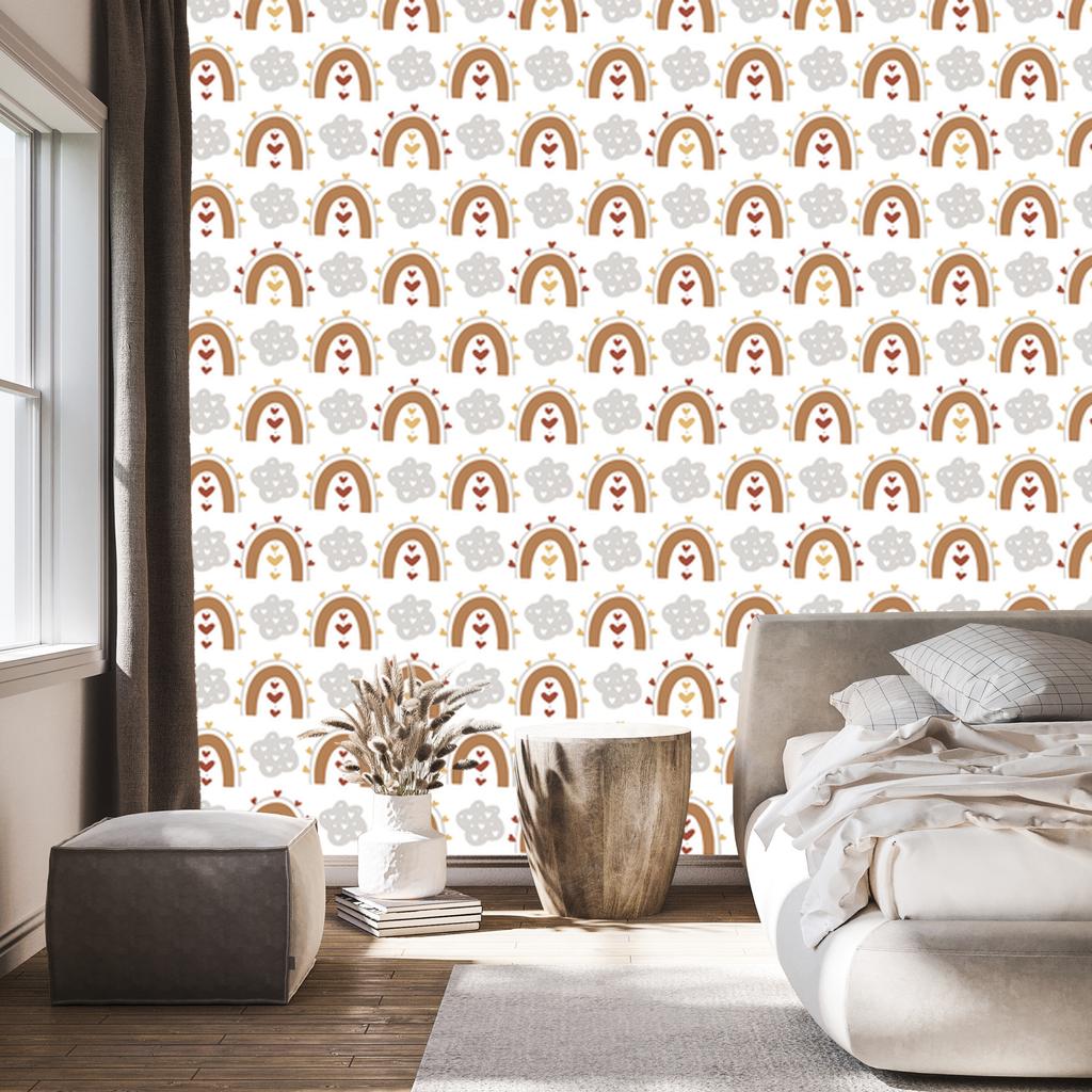 Rainbows and Butterflies Boho Wallpaper Light Gray, Orange, and Beige 50x1000