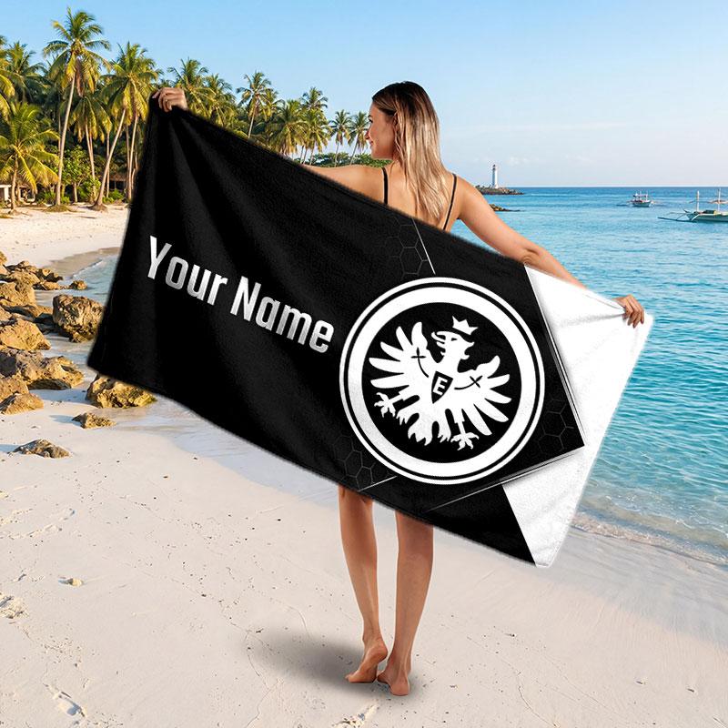 Eintracht Frankfurt Custom Beach Towel, Personalized Name Text Print, Football Logo Soft Quick‑Dry Towel Holiday Gift