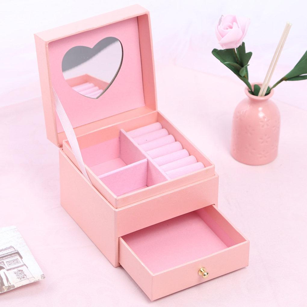 Jewelry Double-layer Grids Box Case Display Heart-shape Mirror Drawer Container Storing Fashionable Collection Gift