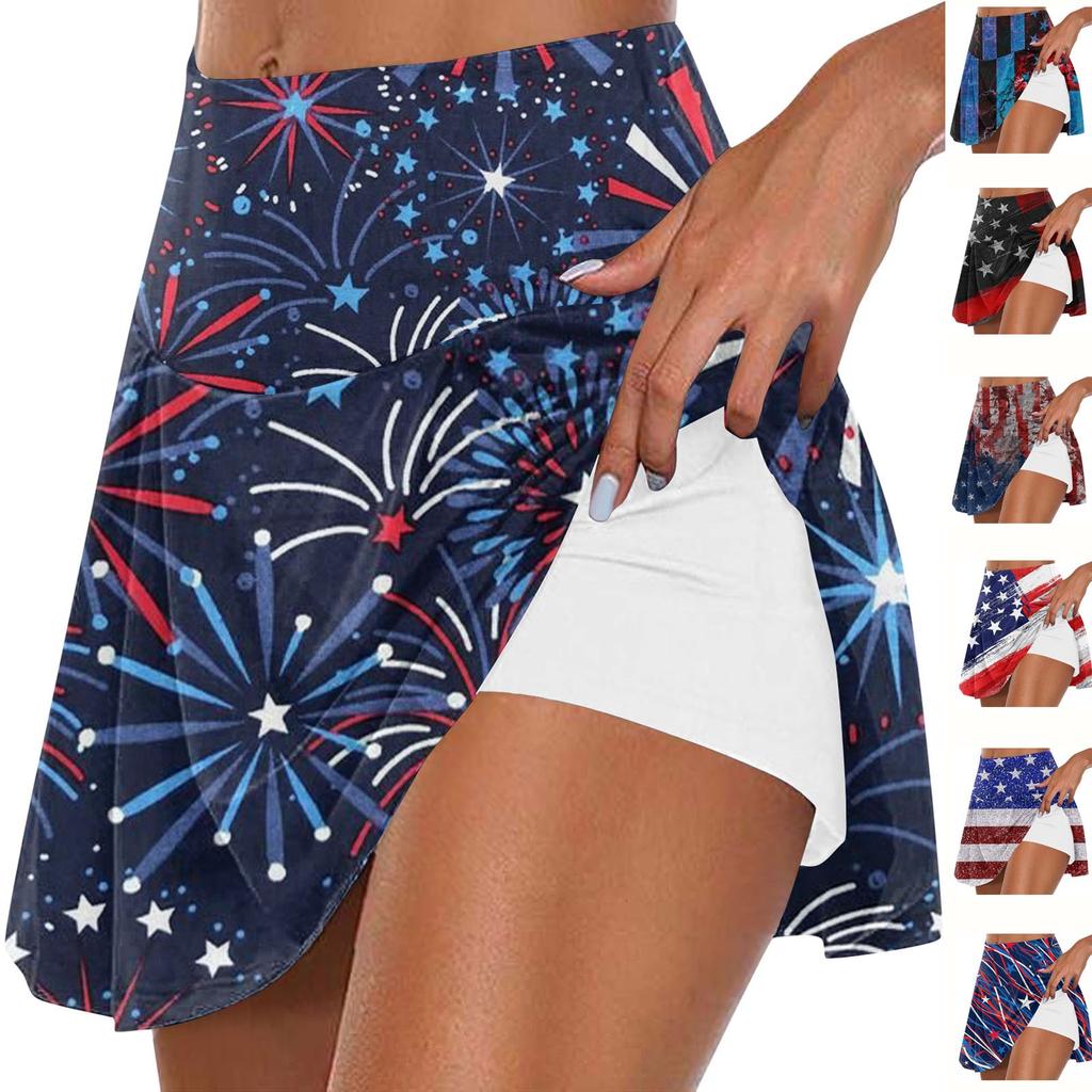 Women's Summer Casual Sports Fitness Running Yoga Tennis Skirt Independence Day Printed Pleated Skirt Shorts