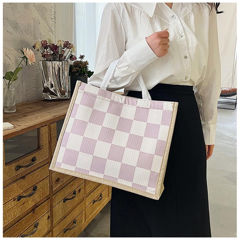 Льняная клетчатая сумка, большая вместительная клетчатая сумка для покупок, простая модная женская сумка через плечо
