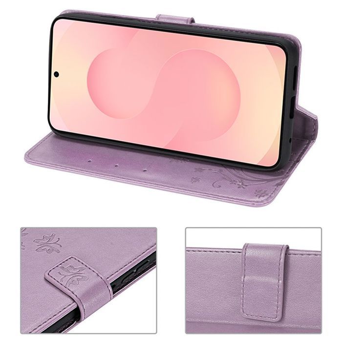 Coque de Protection - BOOLING - pour Samsung Galaxy S25 FE - Cuir PU Motif Floral Violet - 2 Verres Trempés