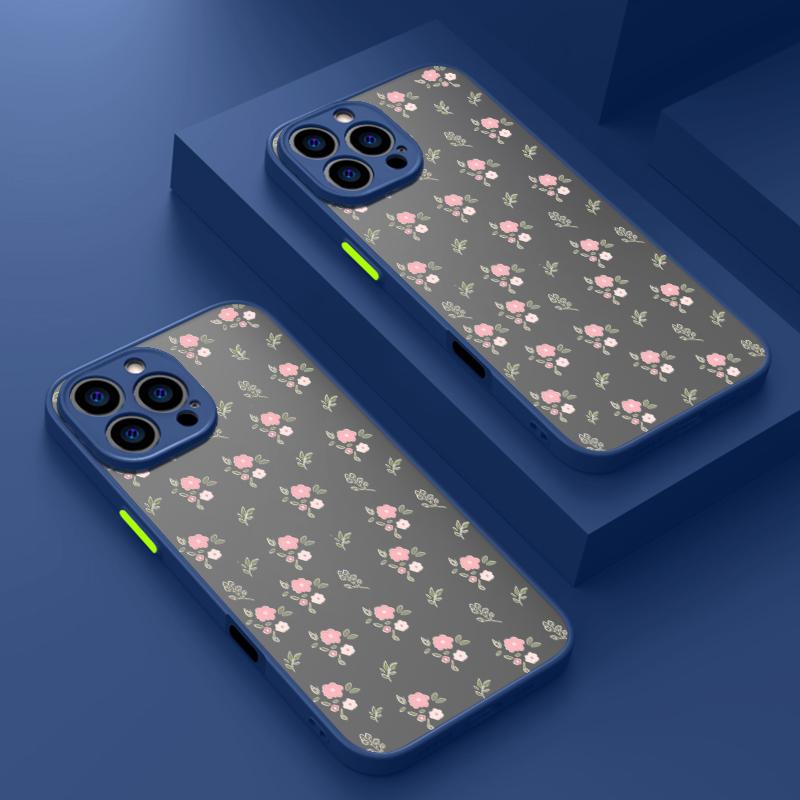 Розовый маленький цветочный узор Жесткий ПК чехол для телефона iPhone 16 15 14 13 12 Pro Max 11 Противоударный мягкий край Прозрачный тонкий матовый чехол Чехол