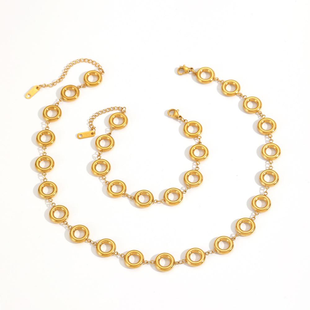 Fashion Stainless Steel Small Circular Ring Bracelet Necklace Set 18K Gold Plated Jewelry Girl Wrist Accessories Gifts