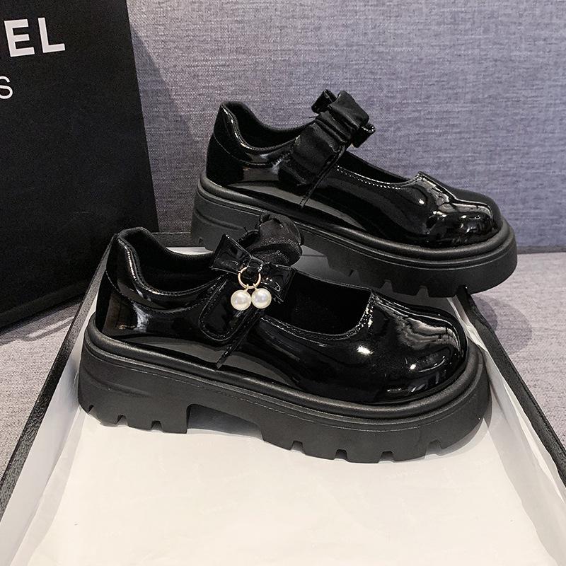 French Mary Jane One-pedal Women's Shoes Popular Temperament Shoes Heightened Jk Shoes Round Head with Mary Jane Small Leather Shoes