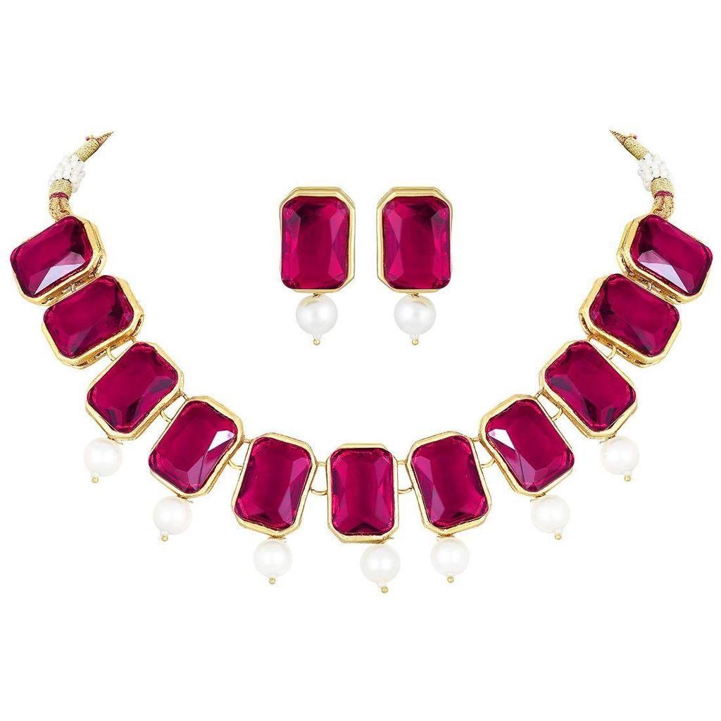 Peora Traditional Jewellery Crystal Pearl Necklace Earring Jewellery Set for Women