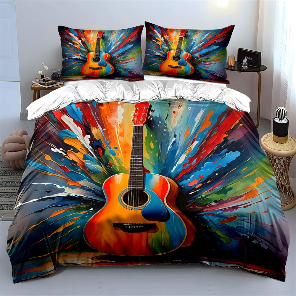 Colorful Guitar Art Decor Set Soft Skin-Friendly Bedding Set Includes 1 Duvet Cover And 2 Pillowcase Gift