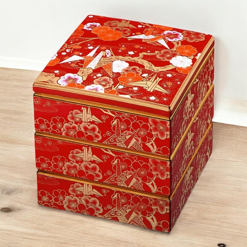 J-kitchens Лакированный 3-ярусный ящик Jubako, 7,0 дюймов, Saikōgura, Алый Журавль с Золотым Ободком, 20 см, Смола, Сделано в Японии