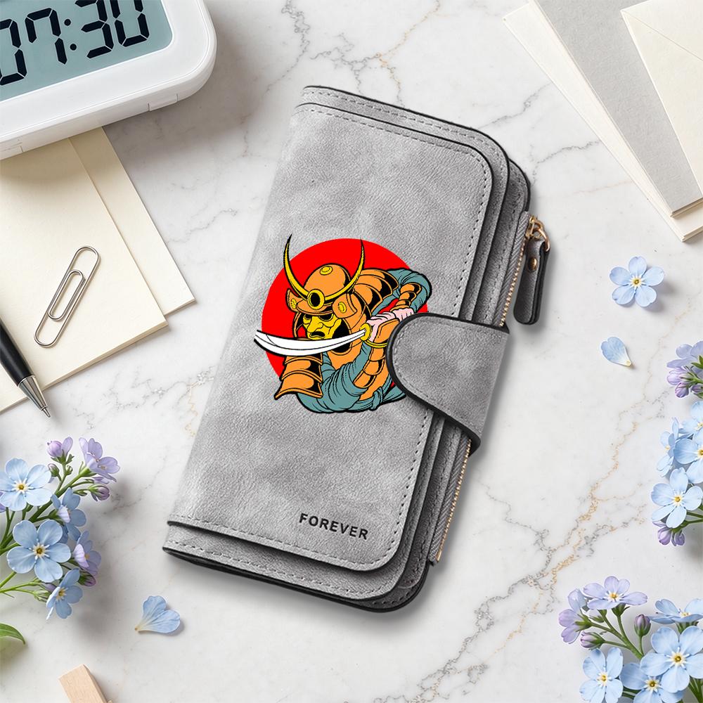 Vintage Samurai Print Long Wallet Fashion Casual Card Holder Portable Daily Use Purse