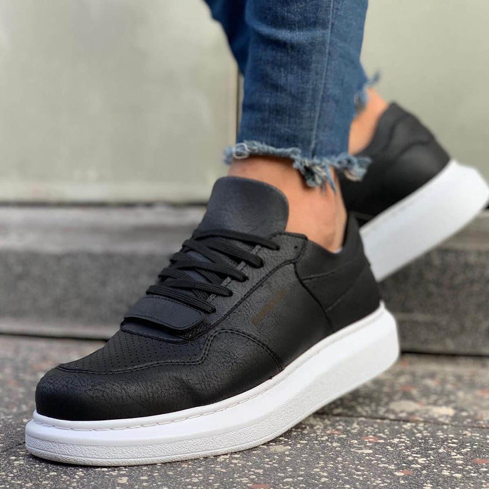 Chekich Мужская обувь. Повседневная обувь. Черный цвет. Искусственная кожа на шнуровке. Весенние и осенние сезоны. Вулканизированная лента на липучке. Белая высокая подошва. CH073.