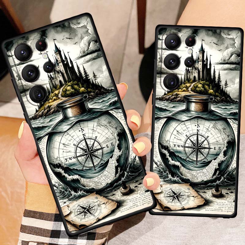 Винтажная иллюстрация компаса Для Samsung Galaxy S26 S25 S24 S23 S22 S21 S20 Ultra Plus FE 5G Черный Мягкий ТПУ Чехол для Телефона