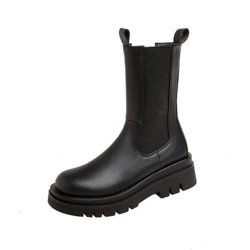 Осенне-зимние женские ботинки большого размера с круглым носком, толстой подошвой и рукавом, однотонные, на среднем каблуке, нескользящие ботинки Мартин, новые ботильоны на квадратном каблуке