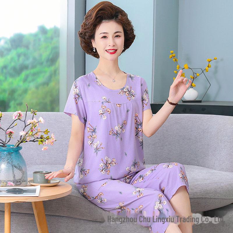Женский летний пижамный комплект из хлопкового шелка - комплект из двух предметов с короткими рукавами для матерей среднего и пожилого возраста, подходит для ношения в помещении и на улице
