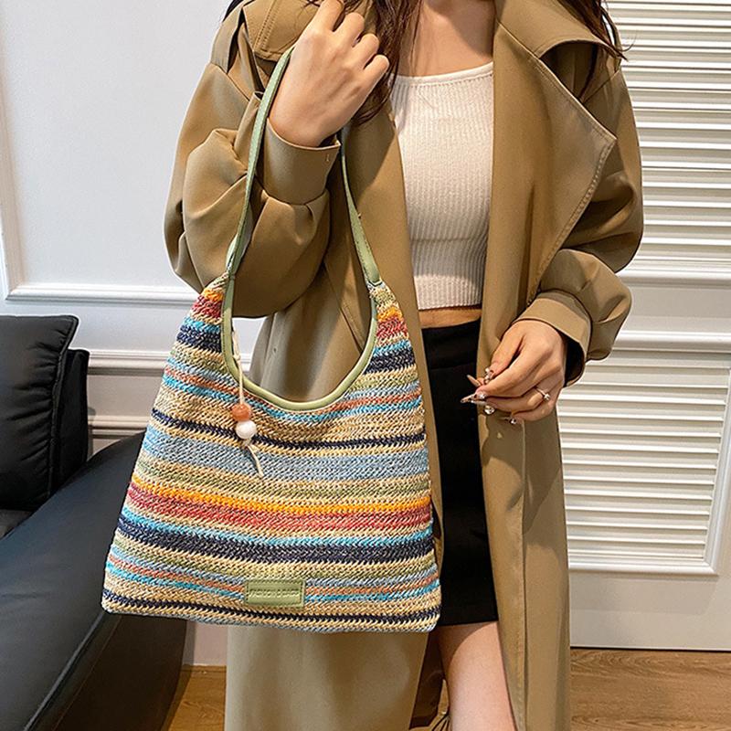 Chic Striped Woven Shoulder Bag for Girls Women Large Capacity Summer Beach Straw Tote Bag for Everyday & Vacation Use KTY
