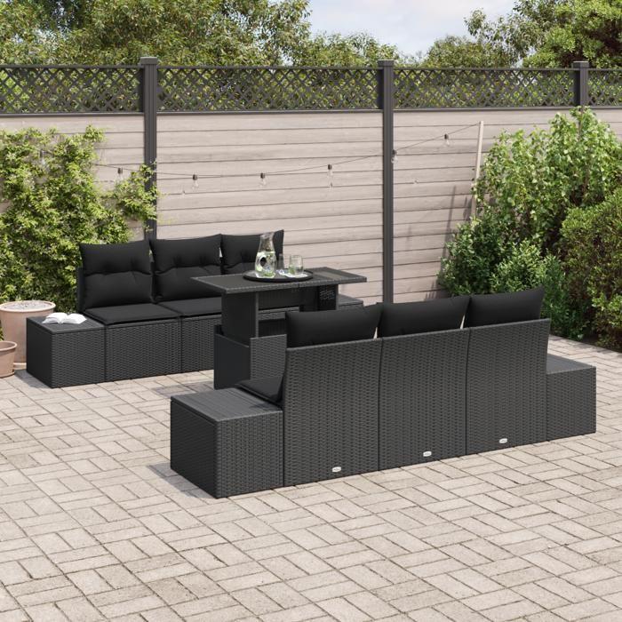 VidaXL Ensemble de Canapé de Jardin 7 Pièces avec Coussins en Poly Rattan Noir 3349109