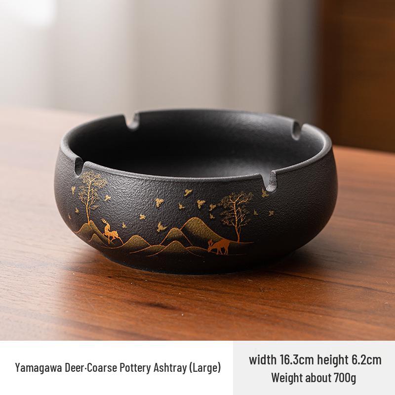 Retro Chinese-Style Large Windproof Ashtray - Coarse Pottery Design, High-End Luxury Cigarette Holder for Home & Office