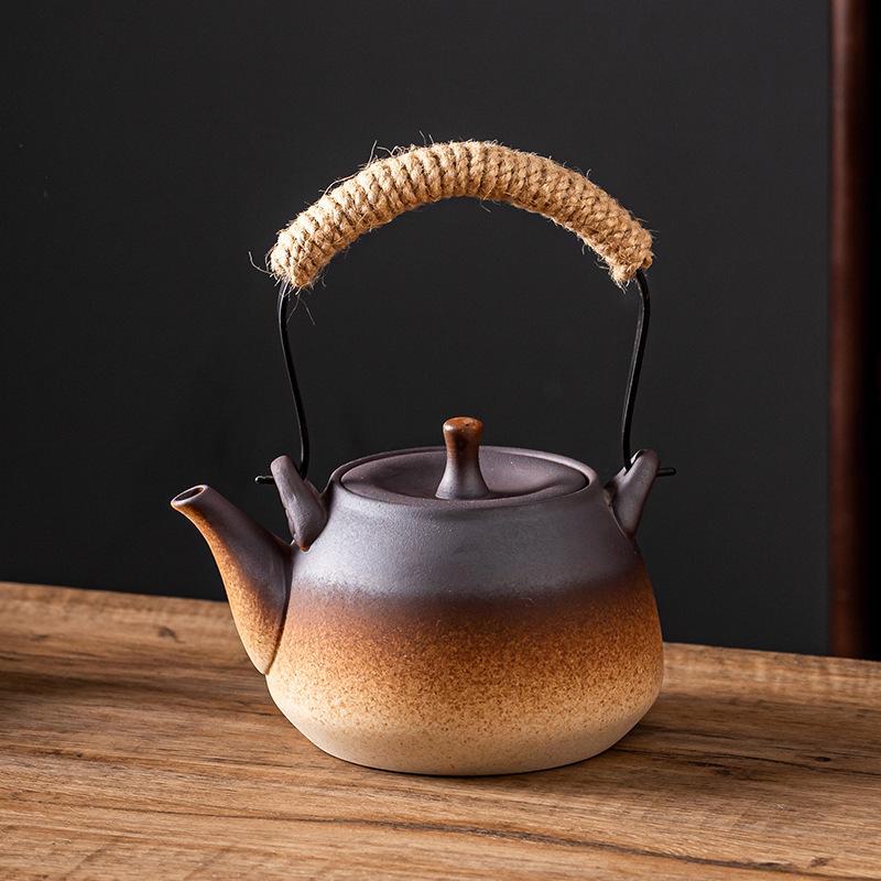 Керамический чайный сервиз «Кунг-фу»: Черный чайник с боковой ручкой и угольной горелкой для открытого огня.