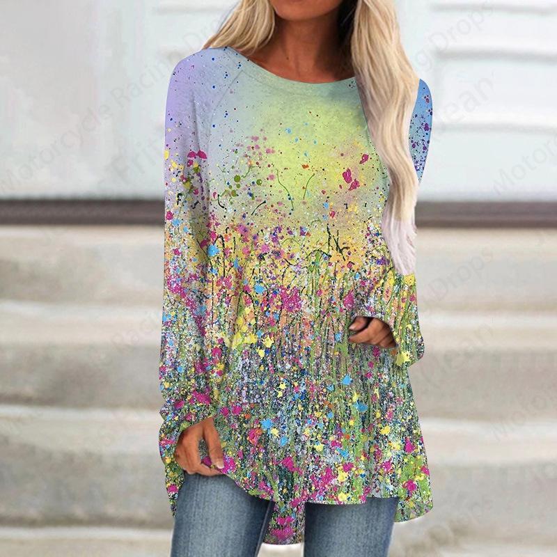 Футболки с 3D-принтом «Цветы и растения», женская модная футболка, топы с длинным рукавом, футболки с цветочным принтом, повседневная длинная туника, простой топ в стиле Харадзюку