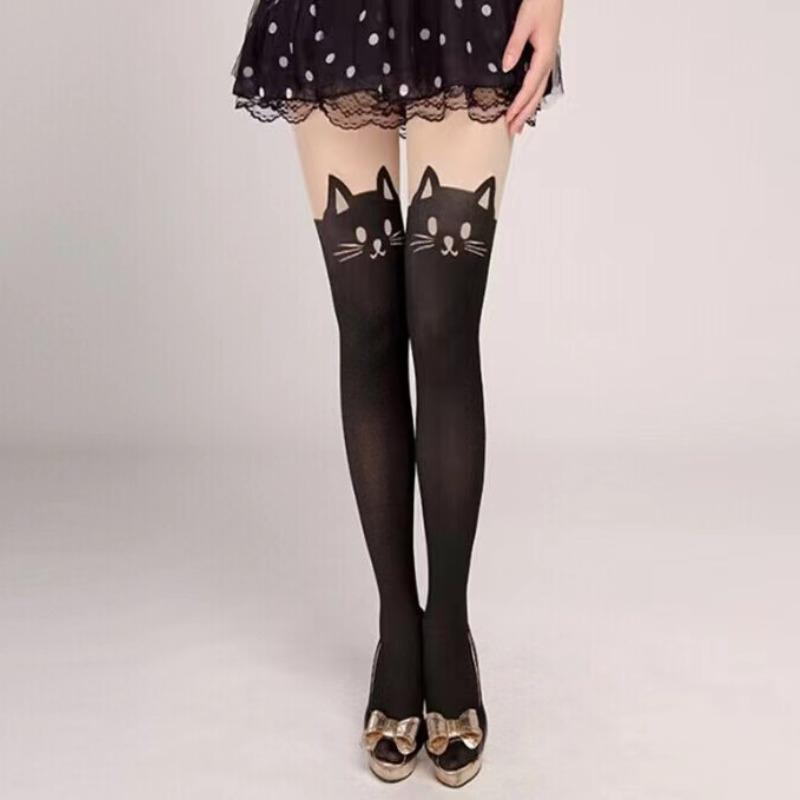Women Cute Black Cat Printed Silk Knee Socks Casual Thigh Cotton Warm High Over Knee Socks Cute Romantic Socks Lady Cat