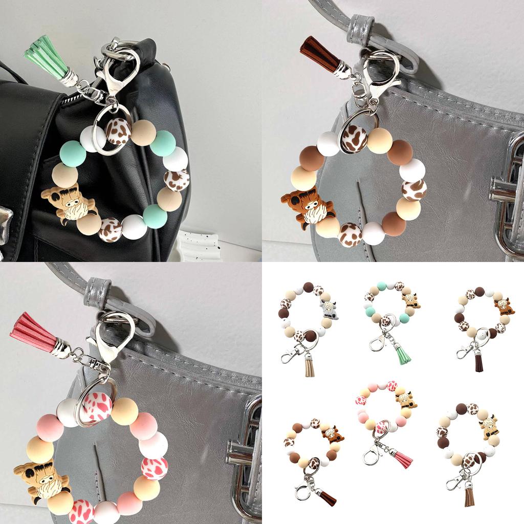 Highland Cow Silicone Tassels Keyring Durable Silicone Beaded Wrist Lanyard with Highland Cow Accent Keychain Pendant