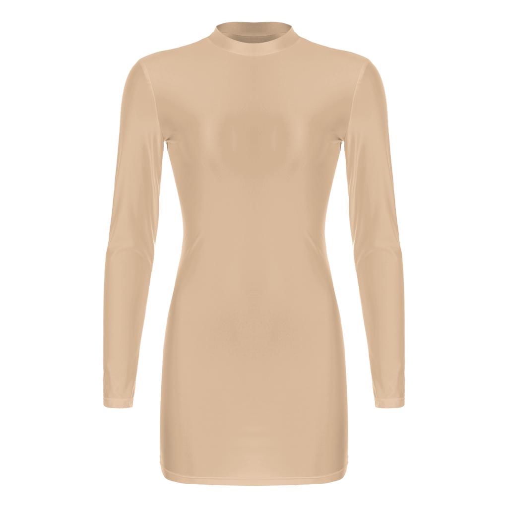 Womens Glossy Long Sleeve Bodycon Dress Nightwear Solid Color Smooth Stretchy Mock Neck Tight Dresses