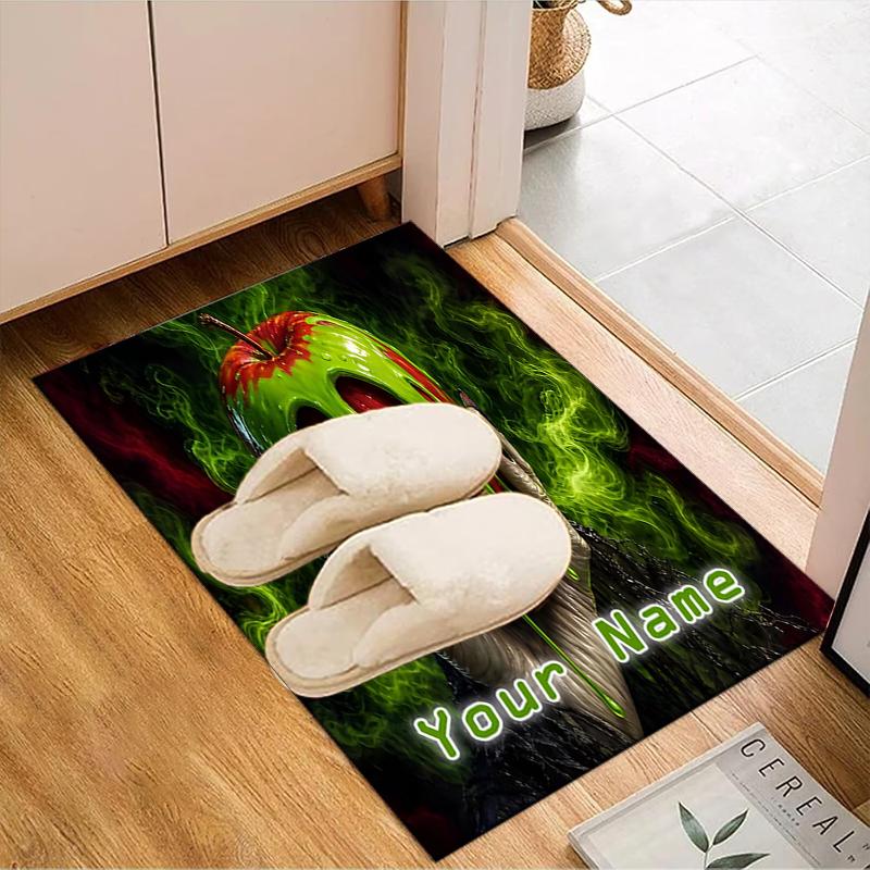 1PC Custom Name Green Apple Horror Mask Theme Floor Mat Ideal for Living Room, Game Rooms, Office, Bedroom,Floor Mat Playful Design