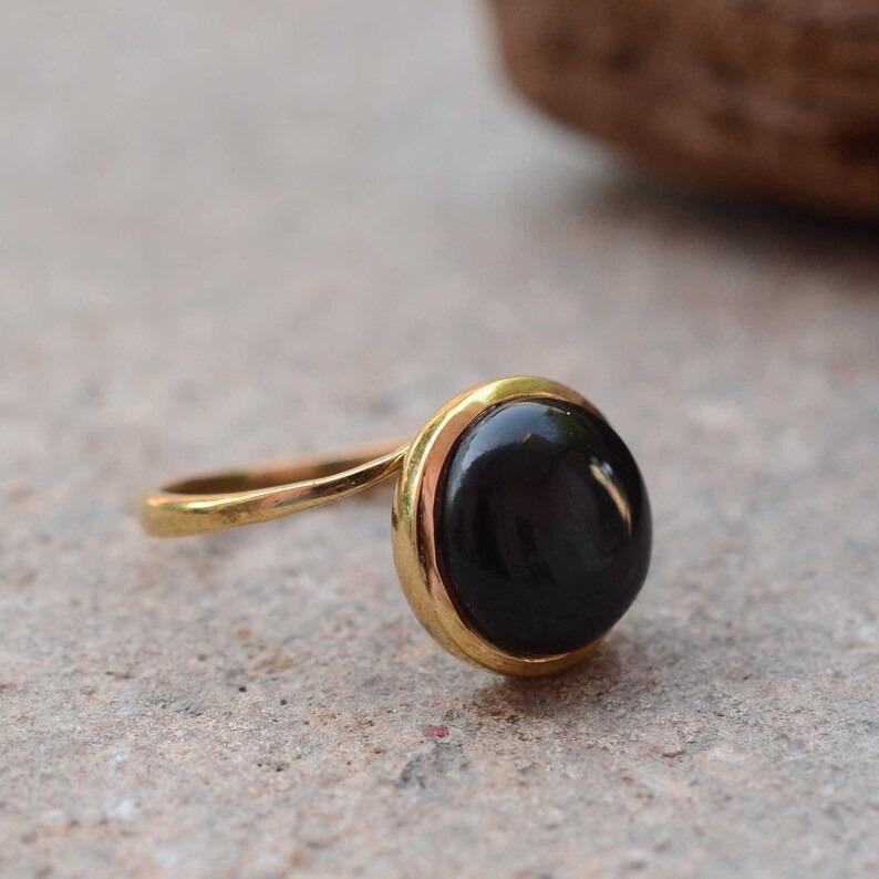 Black Onyx Gemstone Round Ring, Yellow Gold Ring, Handmade Ring, Women Ring, 925 Silver Ring, Birthstone Ring, Gift For Her