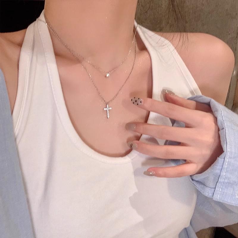 Women's Titanium Steel Sparkling Diamond Cross Necklace with Layered Clavicle Chain and Nose Stud