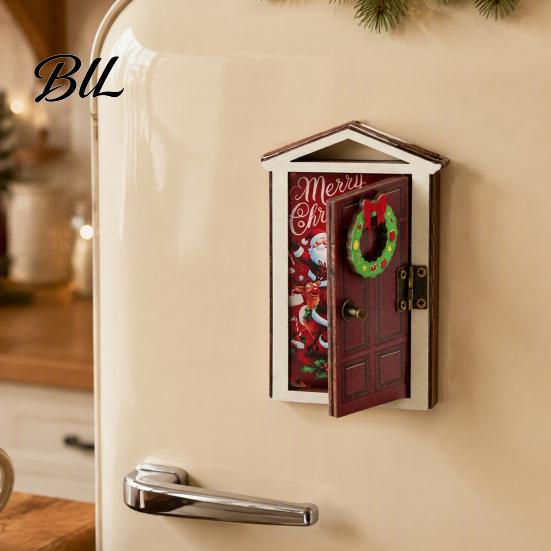 Glowing Door Magnetic Decoration Elf Fridge Magnet with LED Light, Wooden Christmas Party Supplies Refrigerator Magnet, Openable Mini for Holiday