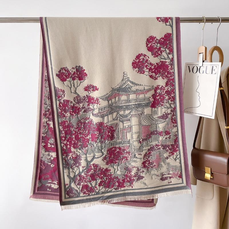 2024 Новый осенне-зимний шарф с утолщенным искусственным кашемиром, двухсторонний, противохолодный и ветрозащитный теплый шарф с принтом для женщин