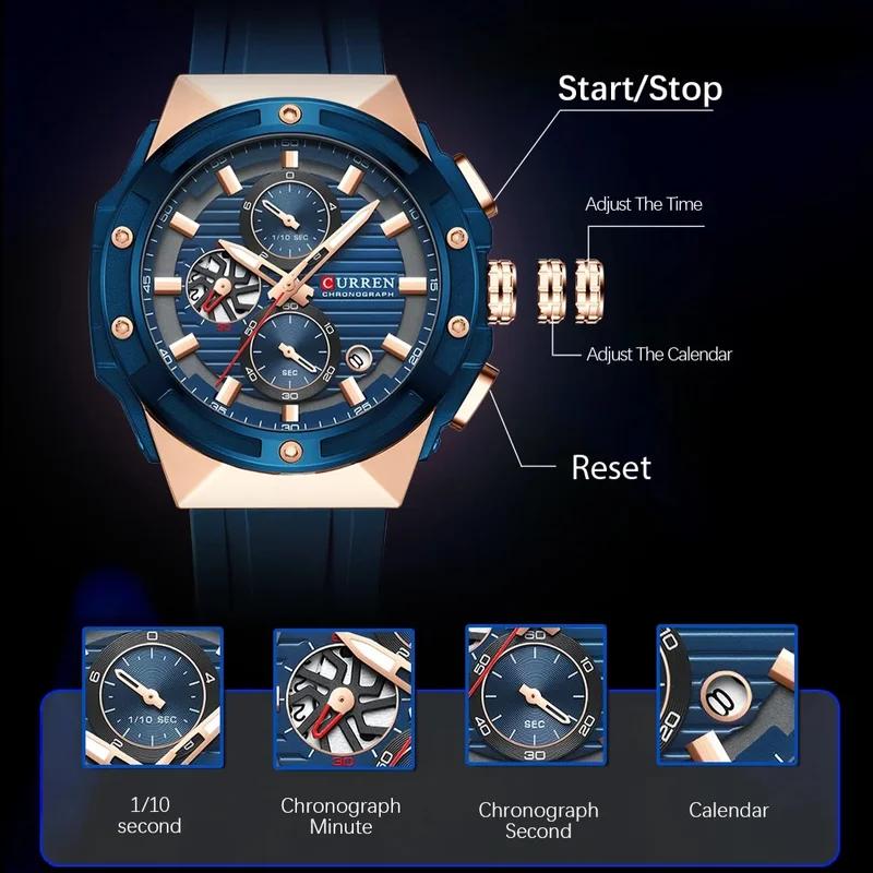 CURREN Top Luxury Quartz Men's Watch Silicone Strap Multifunctional Timing Code Classic Luminous Waterproof Men's Watch