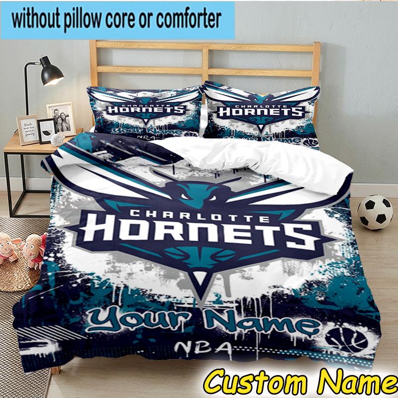 3pcs Custom Name Charlotte-Hornets Logo Bedding Set Includes 1 Duvet Cover & 2 Pillowcases for All Seasons Dormitory Home Decor Christmas gifts