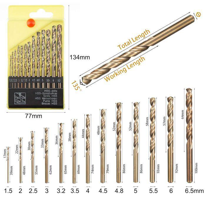 Forets hélicoïdaux - AIMOONSA - HSS M35 - 13 pcs 1,5–6,5 mm - 5% Cobalt - Pointe 135°