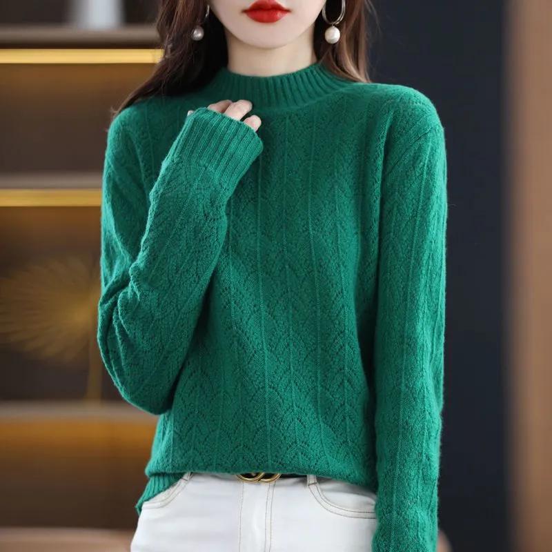 Spring Autumn Mock-neck Pullover Sweater for Women Hollow Out Knitwear Jumpers Female Pull Femme Top