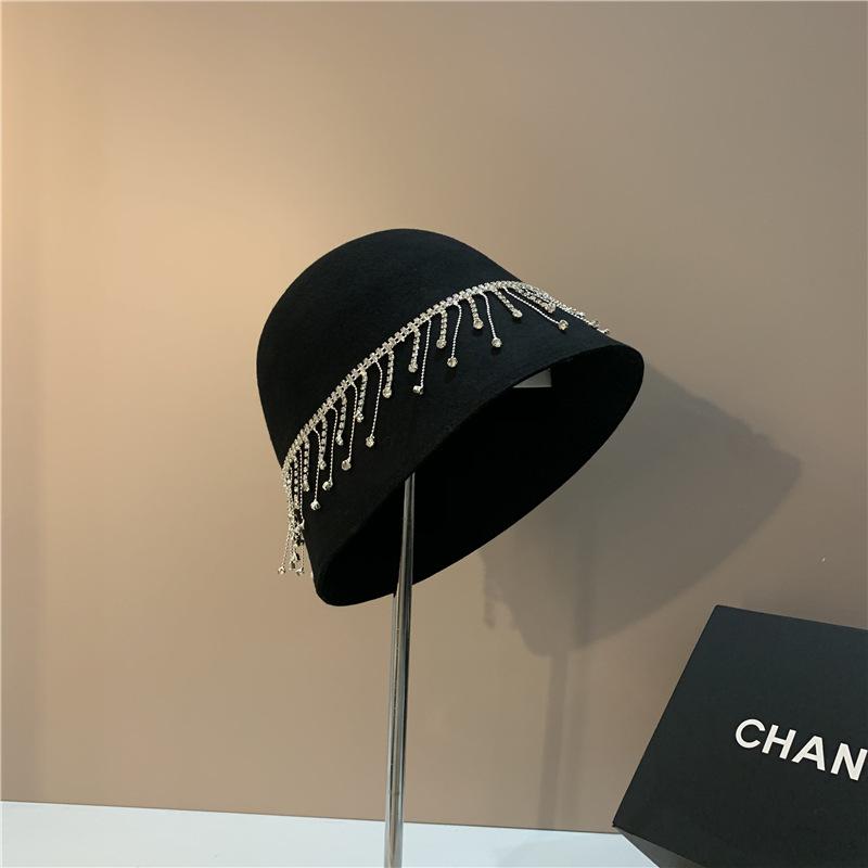 Women's Fashionable Bucket Cap with Diamond Chain Basin Cap Autumn Wool Warm Fisherman Cap