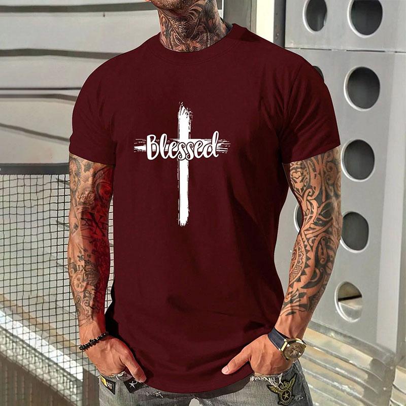 New Men's Fashion Short-sleeved Shirt Summer Comfortable Breathable Cross Print Round Neck T-shirt Sports Fitness Short-sleeved