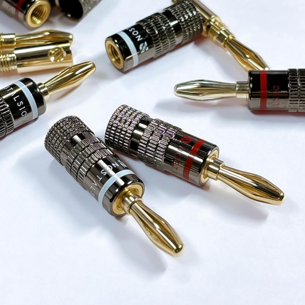 НОСТАЛЬГИЧЕСКИЕ Банановые разъемы Красный Белый Комплект Беспаечные 24k Золотое покрытие Легкая установка Двойная винтовая фиксация Совместимы с 12AWG до 18AWG Для Аудио