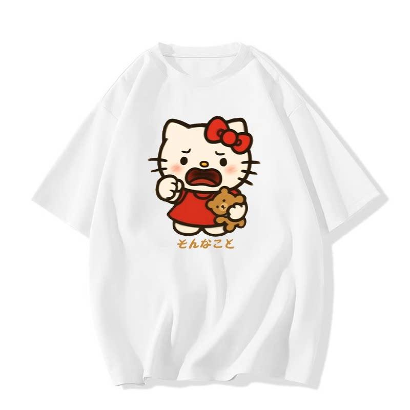 2026 Футболка Hello Kitty из мягкого хлопка с коротким рукавом и круглым вырезом, милый принт, легкий летний топ для женщин, повседневная одежда