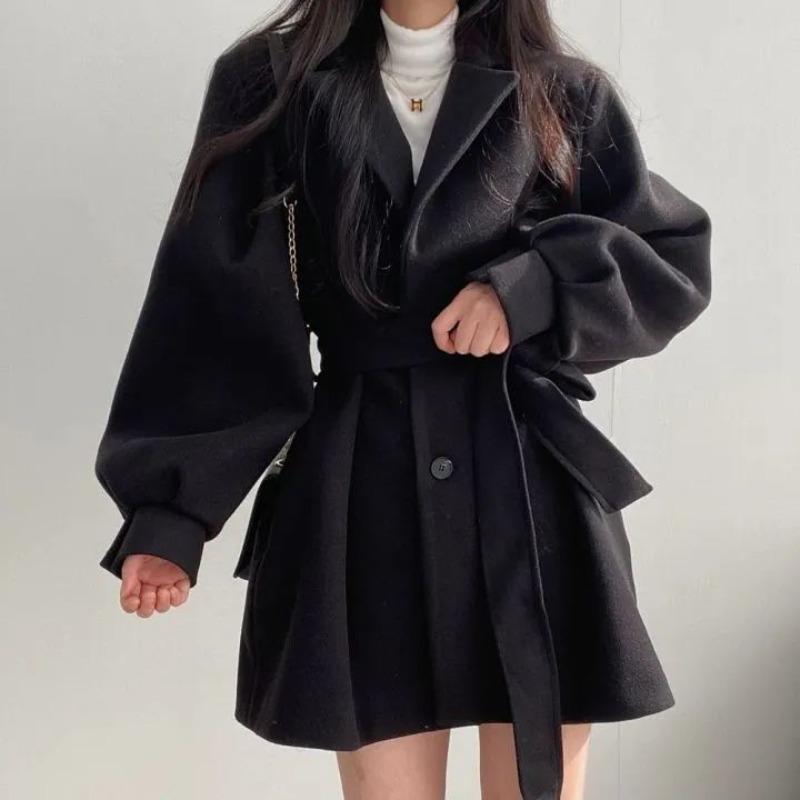 Korean Version of Chic Autumn and Winter Loose Style Coat Women's Woolen Suit Collar Mid-length Woolen Coat Women