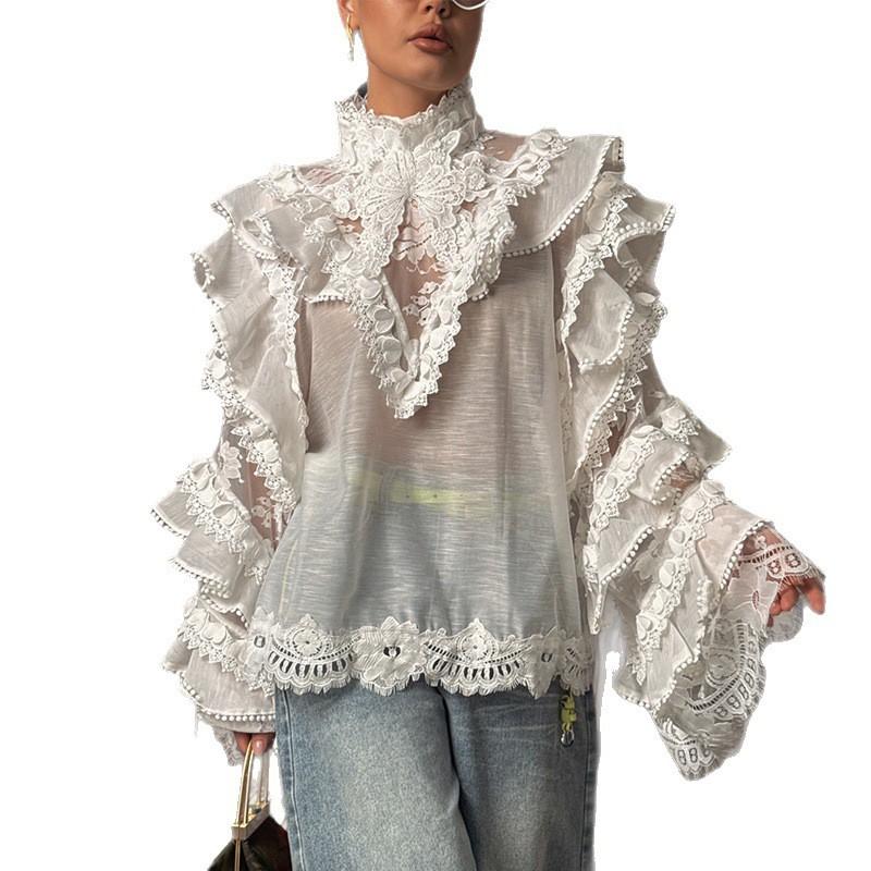 Womens 2026 Lace Splicing Sheer Shirt Loose Fit Casual Blouse