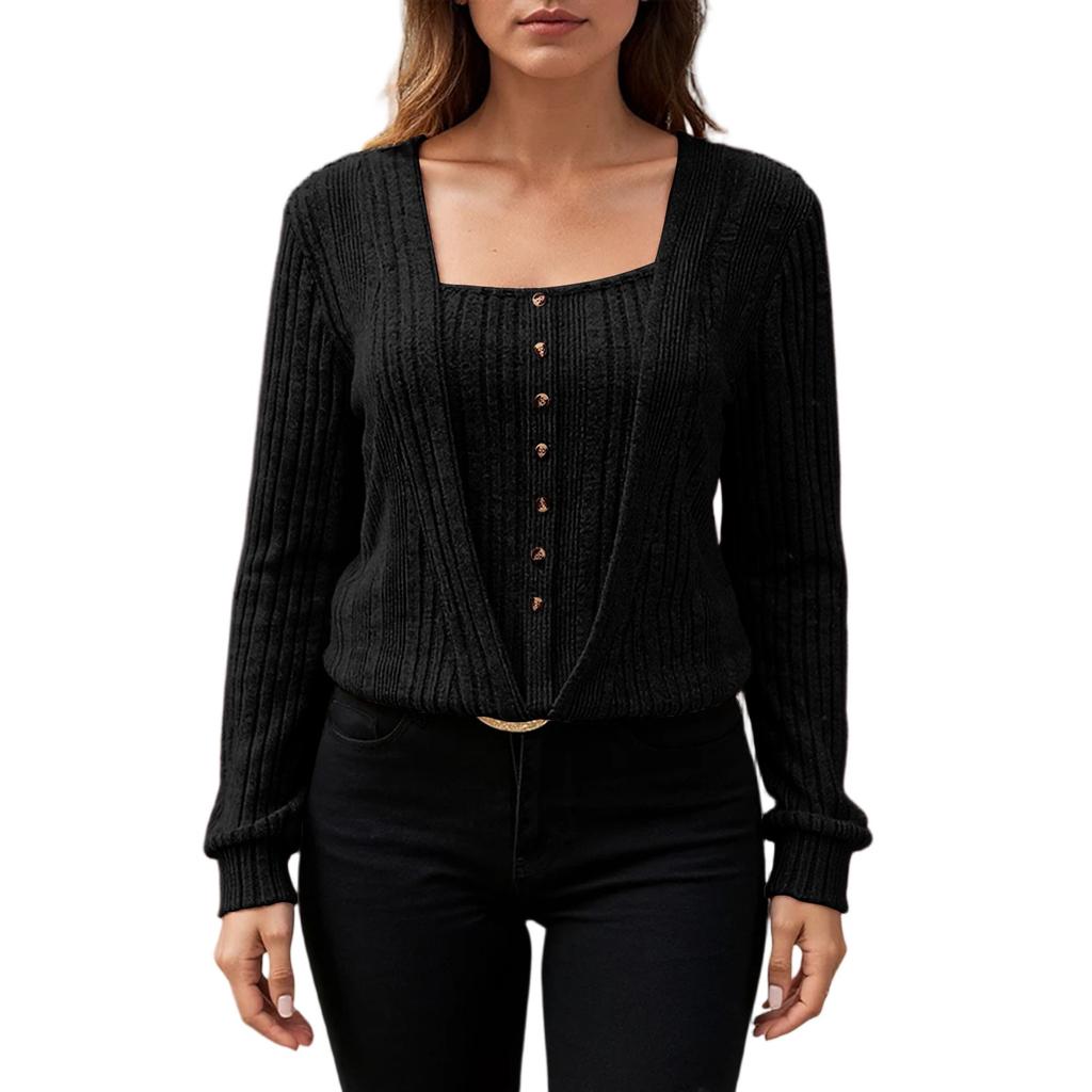 Women's Solid Color Button Top Slim Fit Long Sleeved T-shirt Top