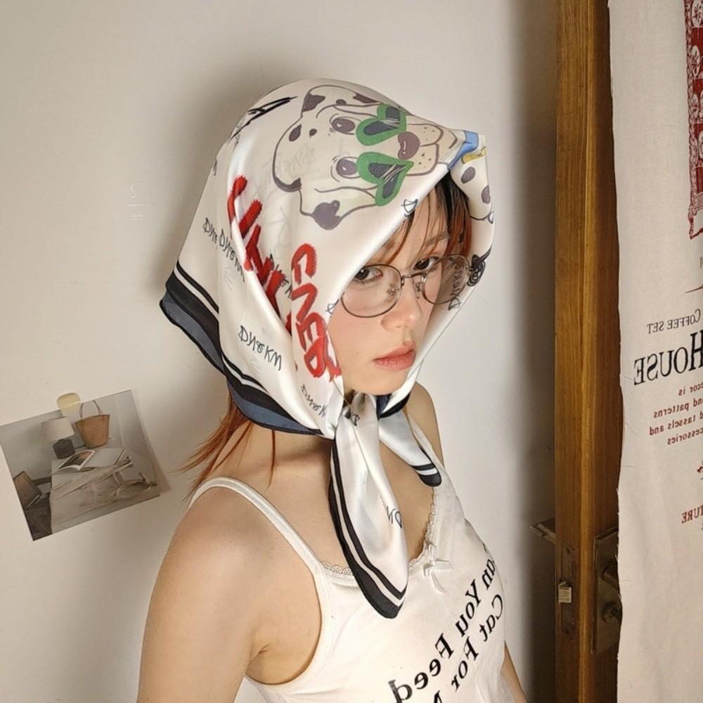 Spotted Dog Flower Printed Scarf Breathable Bandana Head Scarf Elegant Silk Satin Turban Girls