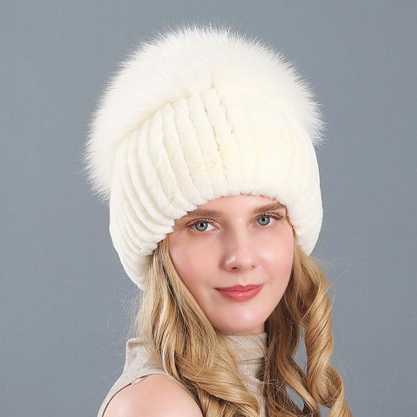 New Style Women Real Genuine Fox Fur Beanies Hat Girls Natural Real Rex Rabbit Fur Skullies Cap Knit Winter Real Fur Hats