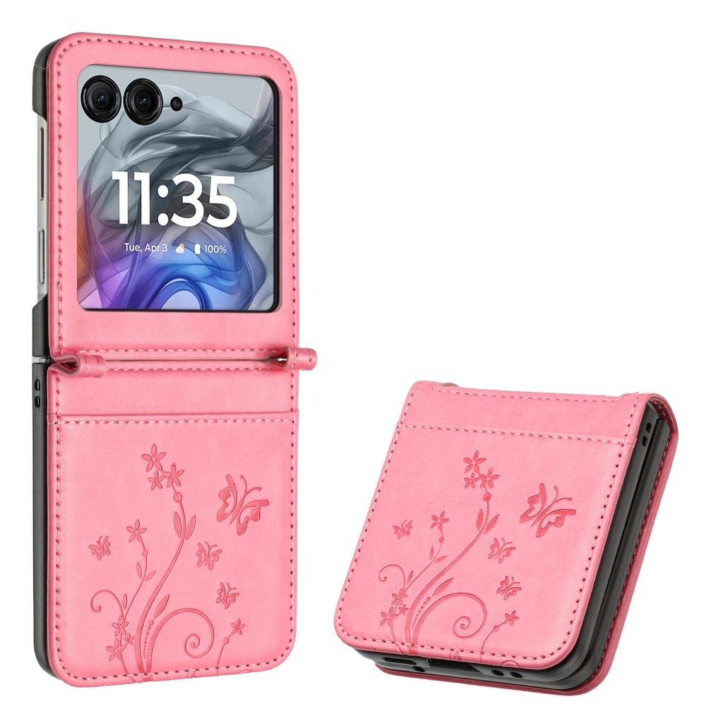 Кожаный чехол для Motorola Razr 60/50 5G с тиснением в виде бабочки и цветка, чехол для телефона с ремешком