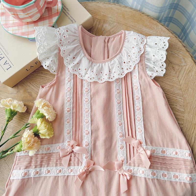 Girls Summer Heavy Lace Collar Sleeveless Princess Dress Elegant Floral Trim Party Vest Dress For Kids